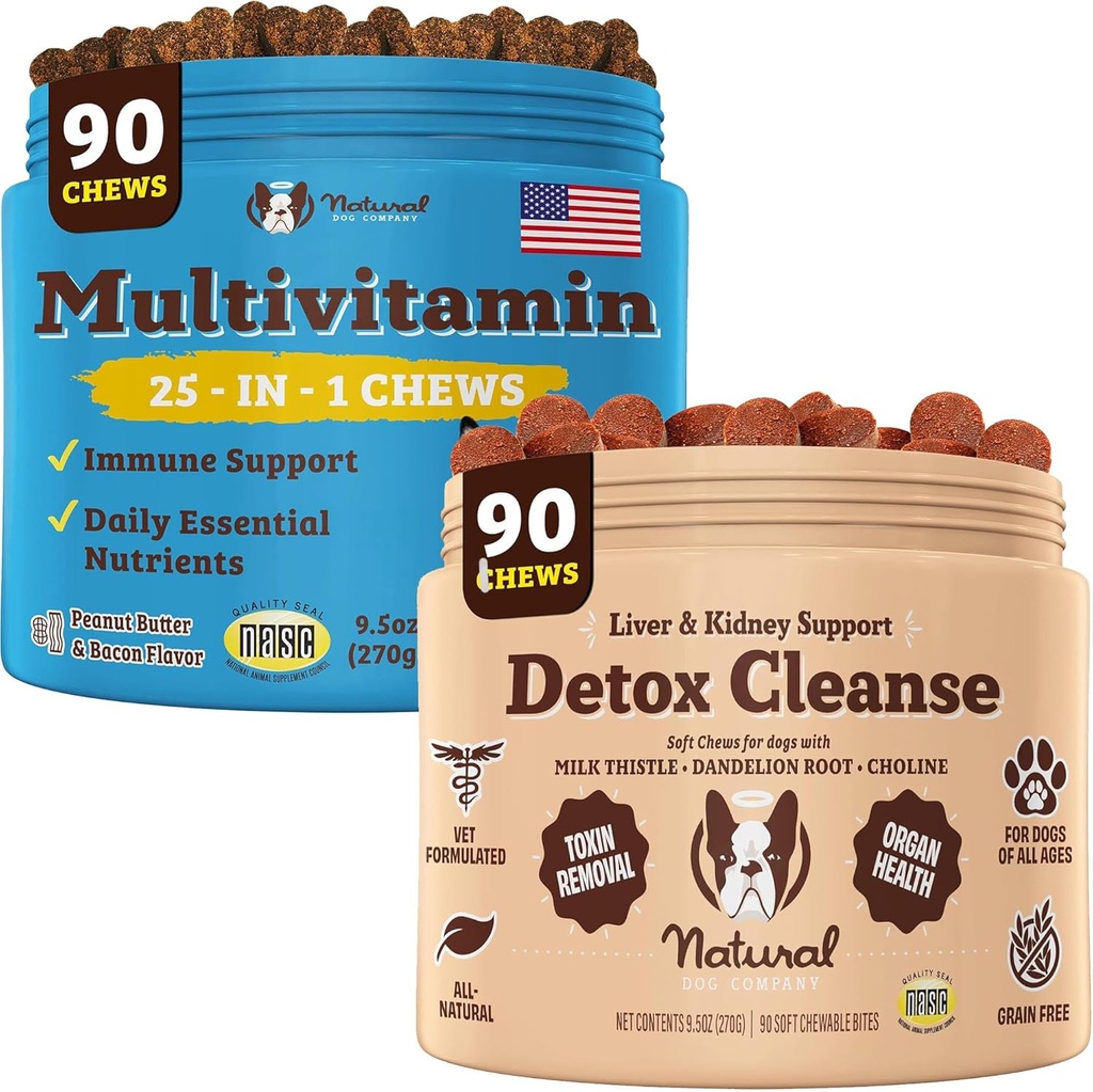 Natural Dog Company Multivitamin & Lever & Nyre Chews Bundle - Omfattende sundhedsstøtte til ældre hunde, fremmer afgiftning, Forbedret fordøjelse, Strålende Hud & Coat, Let at administrere