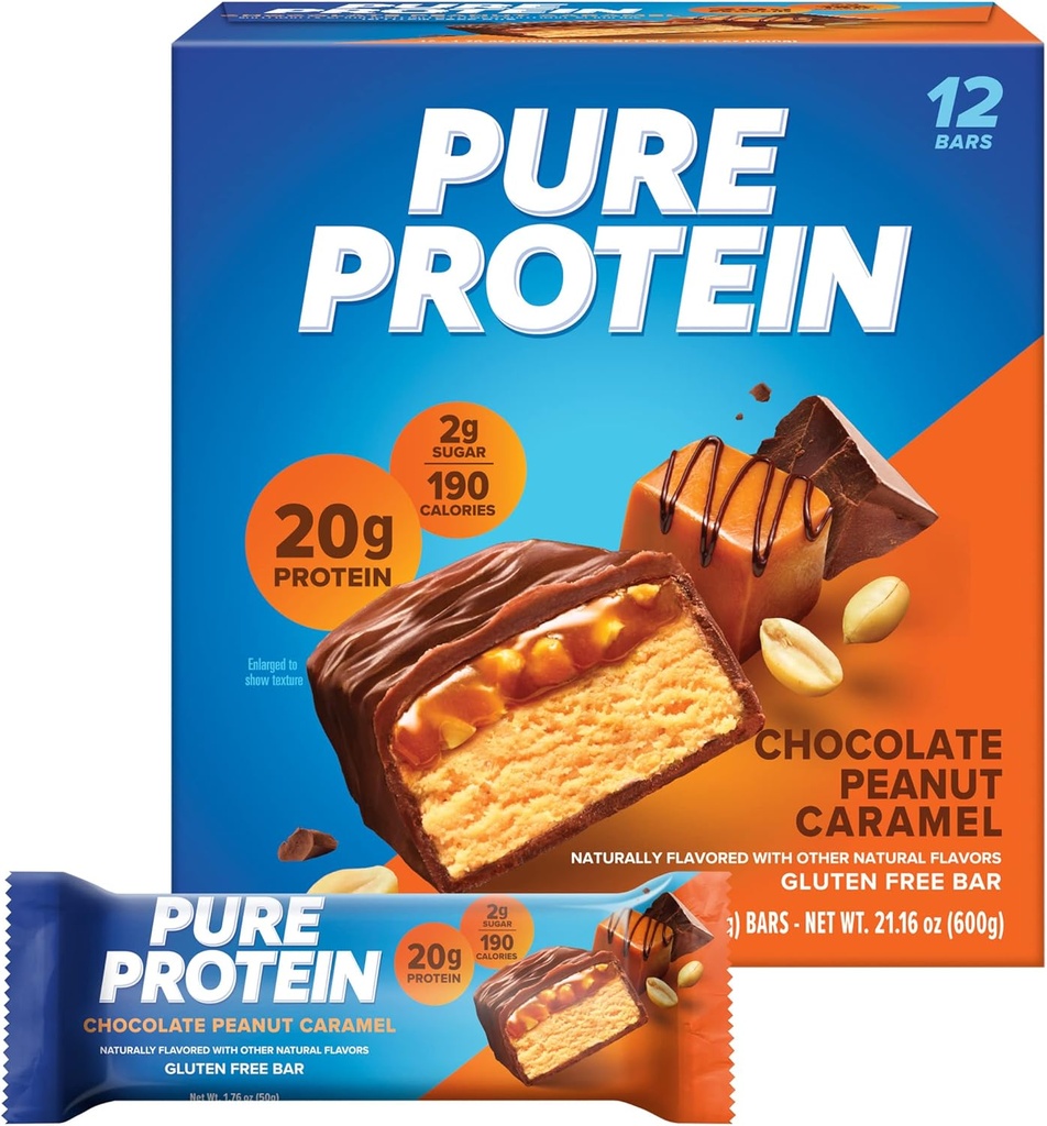 Pure Protein Bars, High Protein, Nutrious Snacks to Support Energy, Low Sugar, Gluten Free, Chokolade Peanut Caramel, 1.76oz, 12 Greve (Packaging of 1) (Packaging May Vary)