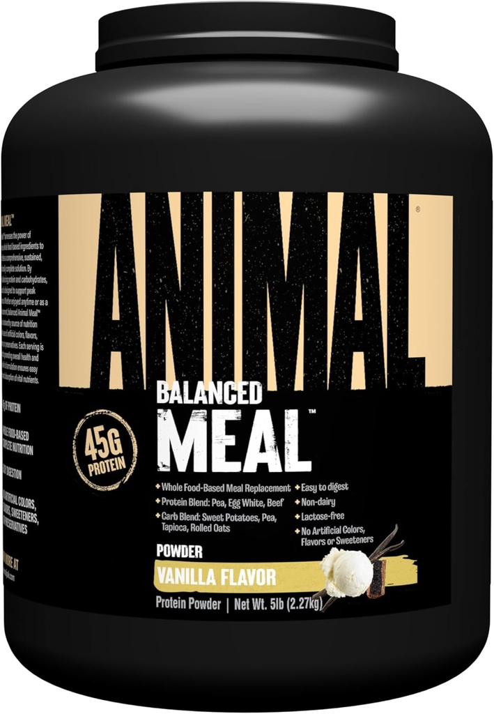 Animal Meal - Protein Shake med hele fødevareingredienser, Aids in Muscle Recovery med Egg White, Beef & Pea Protein Blend, Vanilla Flavor, 5 lbs