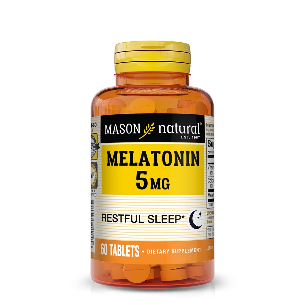 Mason Natural Melatonin 5 mg med B6 & Calcium, Natural Sleep Aid, Supports Restaured Sleep, 60 tabletter
