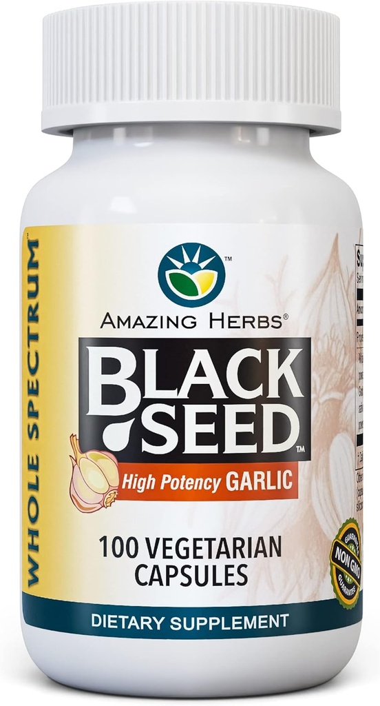 Amazing Herbs Whole Spectrum Black Seed & High Potency Hvidløg, Vegetariske Kapsler - Gluten- Free, Non- GMO, Vegan, Understøtter immunsystem, Lung funktion, & Kardiovaskulær sundhed - 100 Greve