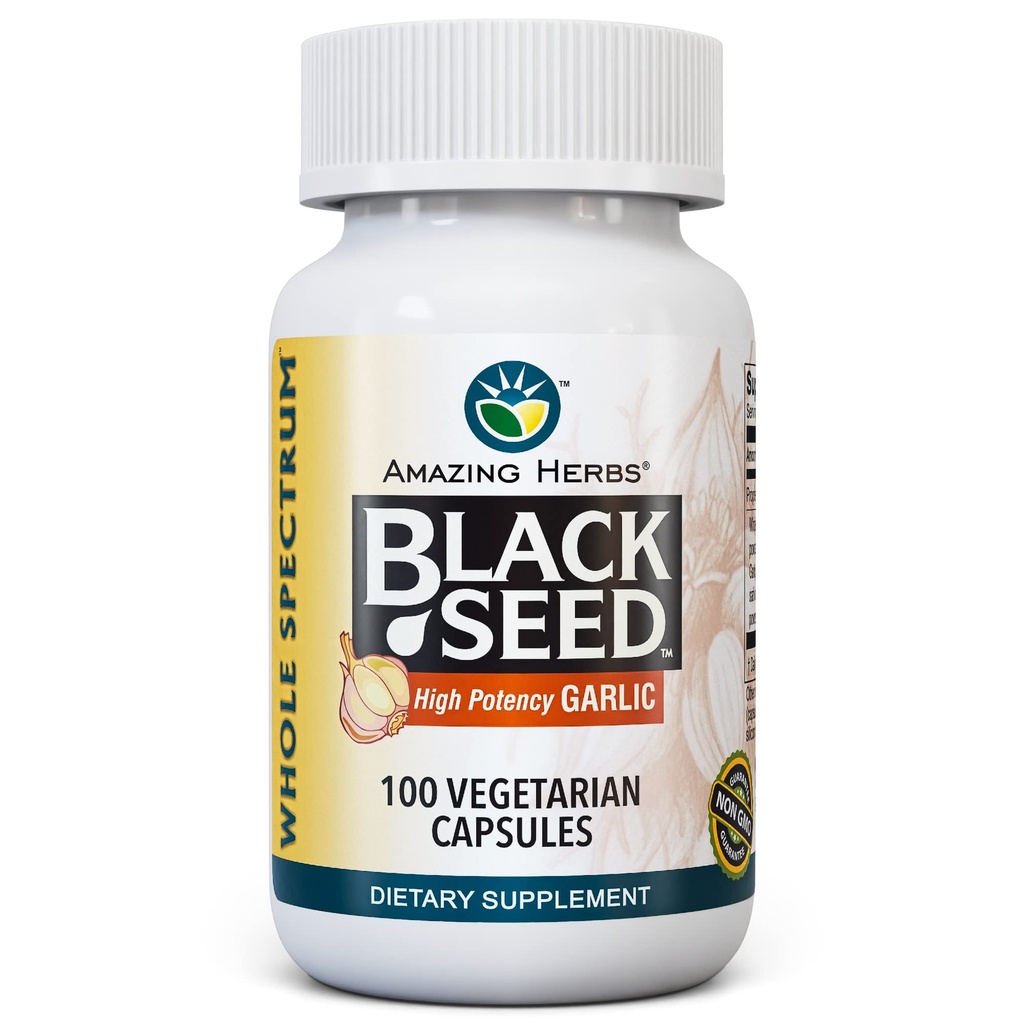 Amazing Herbs Whole Spectrum Black Seed & High Potency Hvidløg, Vegetariske Kapsler - Gluten- Free, Non- GMO, Vegan, Understøtter immunsystem, Lung funktion, & Kardiovaskulær sundhed - 100 Greve