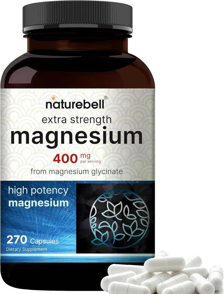 NatureBell Magnesium Glycinate 400mg Elementære, 270 Kapsler 124; 100% Chelated for High Absorption 124; Understøtter Muskel, Knogler & Heart Health