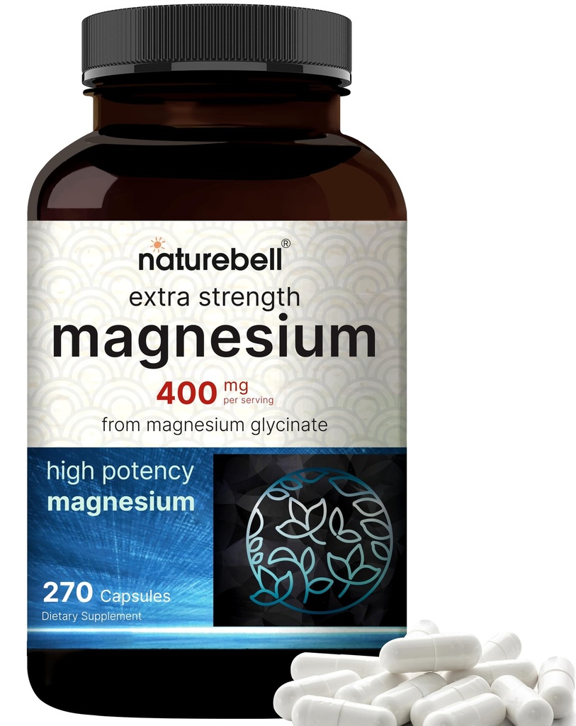 NatureBell Magnesium Glycinate 400mg Elementære, 270 Kapsler 124; 100% Chelated for High Absorption 124; Understøtter Muskel, Knogler & Heart Health
