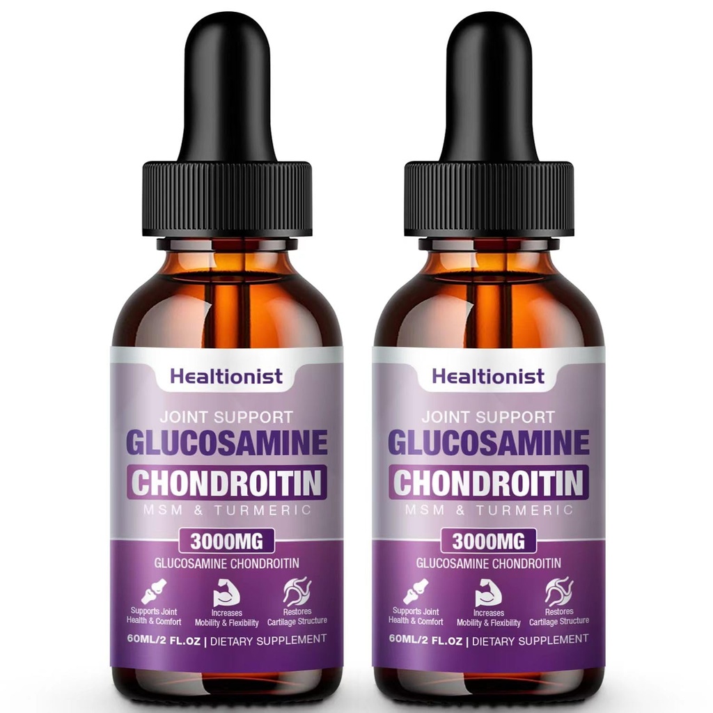 2 Pack Glucosamin Chondroitin MSM Liquid Drops, Extra Strength Joint Support for Voksne Mænd & Kvinder, Quercetin Boswelia, Bromelain, Antioxidant immunforsvar (4 Fl oz)