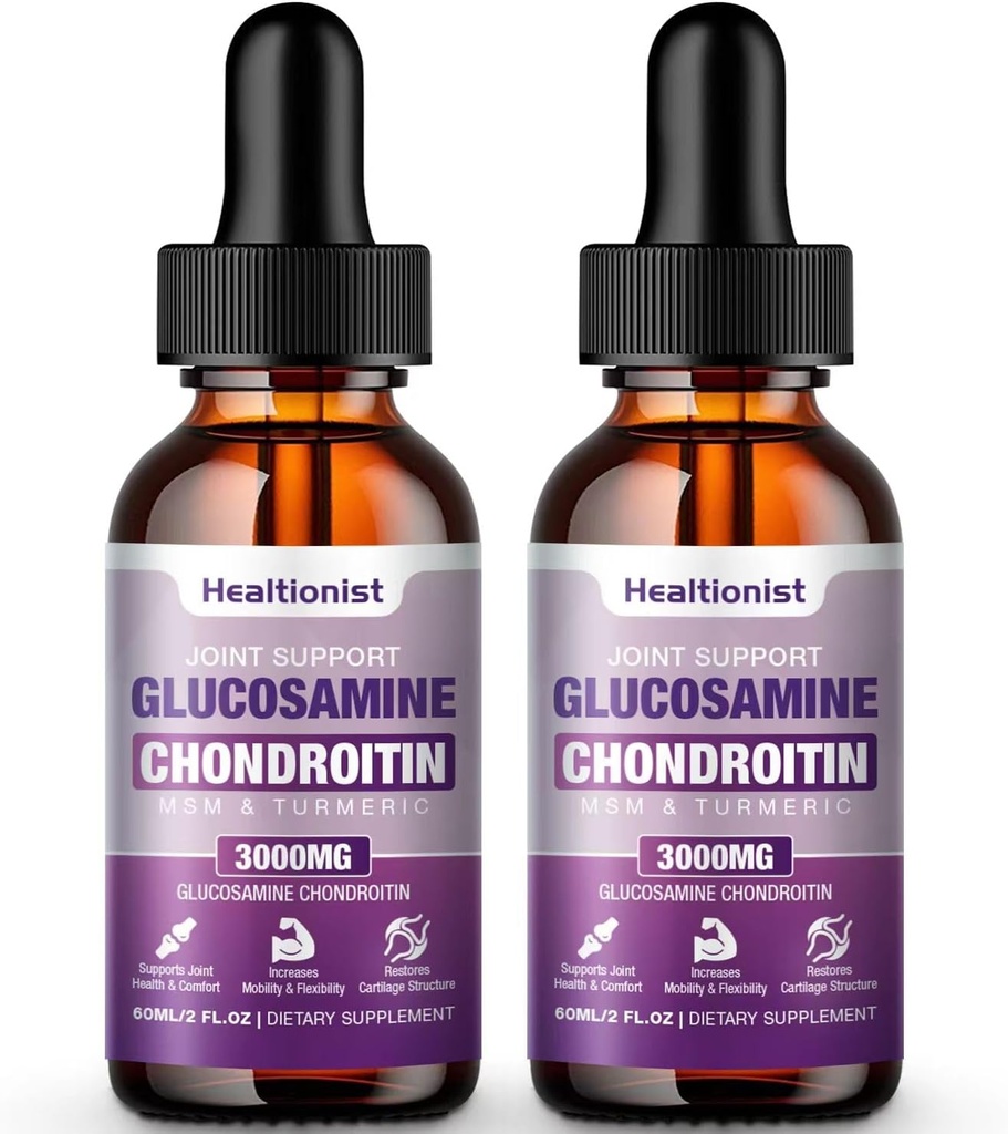 2 Pack Glucosamin Chondroitin MSM Liquid Drops, Extra Strength Joint Support for Voksne Mænd & Kvinder, Quercetin Boswelia, Bromelain, Antioxidant immunforsvar (4 Fl oz)