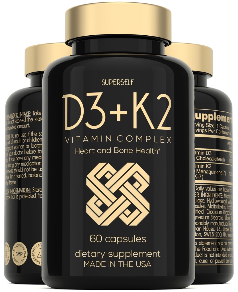Vitamin D3 K2 kapsler - Vitamin D3 5000 IE og vitamin K MK7 100mcg - 60 kapsler - USA Made Vegetar vitamin D supplement - Høj styrke VIT D for knogler, muskel, tænder, immunsystem