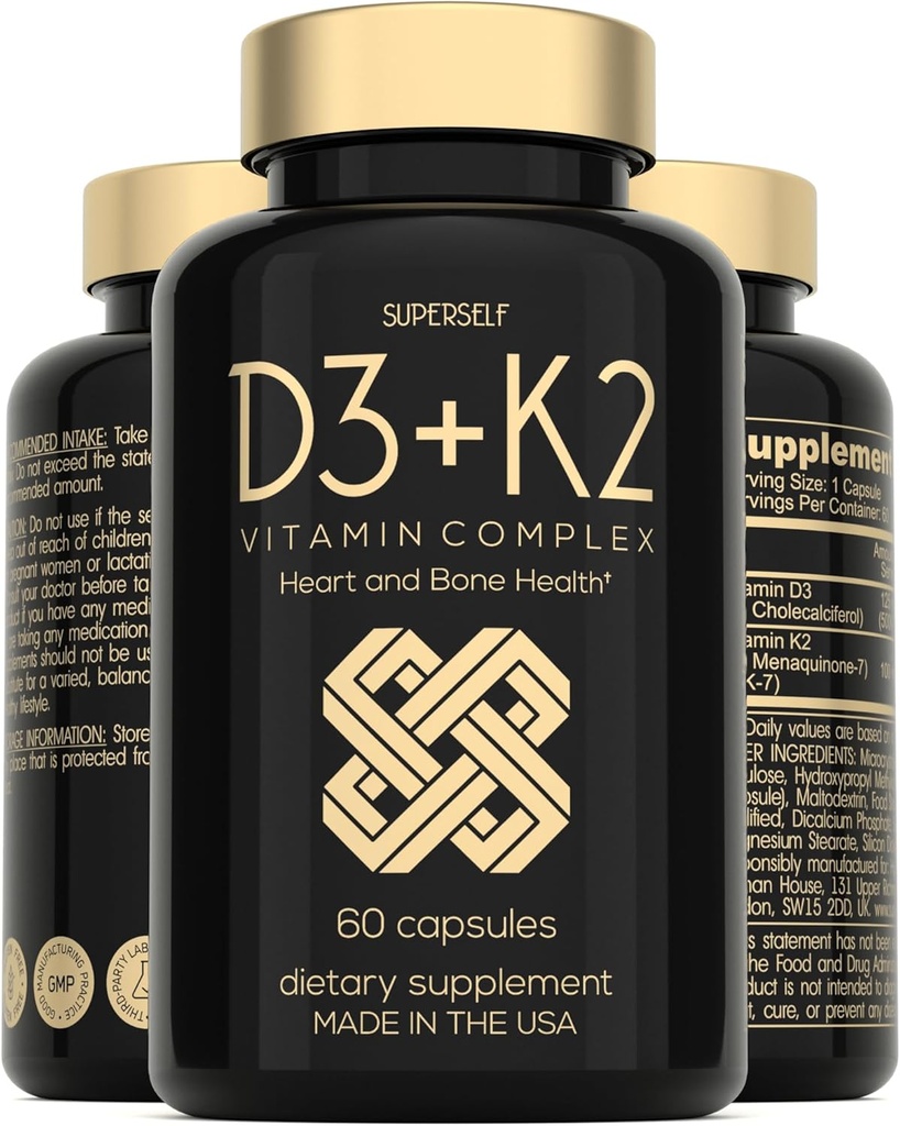 Vitamin D3 K2 kapsler - Vitamin D3 5000 IE og vitamin K MK7 100mcg - 60 kapsler - USA Made Vegetar vitamin D supplement - Høj styrke VIT D for knogler, muskel, tænder, immunsystem