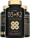 Vitamin D3 K2 kapsler - Vitamin D3 5000 IE og vitamin K MK7 100mcg - 60 kapsler - USA Made Vegetar vitamin D supplement - Høj styrke VIT D for knogler, muskel, tænder, immunsystem