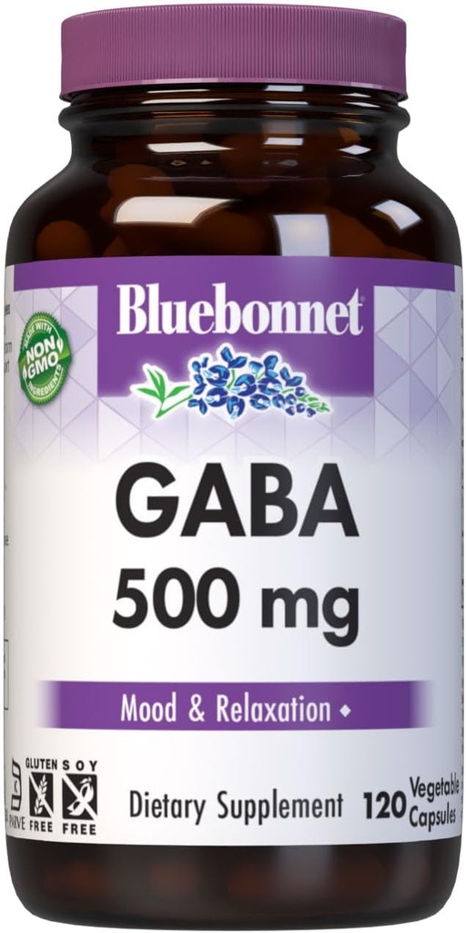 BlueBonnet Nutrition GABA 500mg, for Stress Relief *, Understøtter Afslapning *, Kosher, Vegan, Gluten- Free, Soy- Free, Non- GMO, 120 Vegetabilske kapsler, 120 Servere