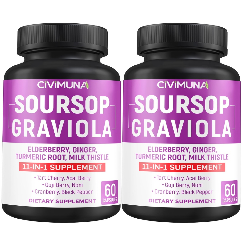Soursop Graviola Kapsler med Elderberry, Gurkemeje og mere - 120 Kapsler til 4 Måneder Supply (pakke med 2)