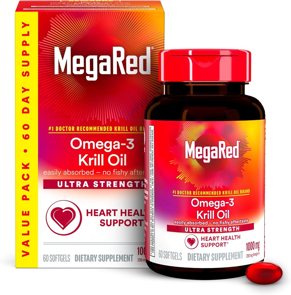 MegaRed Ultra Strength 1000mg Omega-3 Krill Oil Supplement med EPA / DHA, Astaxanthin & Phospholipider, Ingen Fish Oil Eftersmag understøtter hjerte, hjerne, fælles og øje sundhed, 60 Count Softgels.
