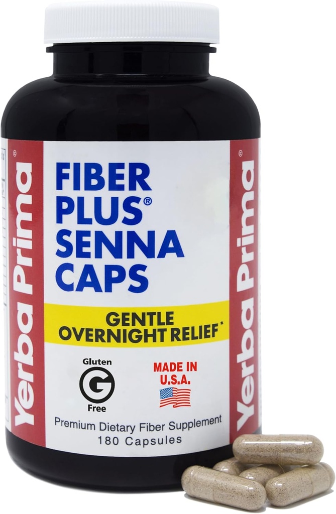Yerba Prima Fiber Plus Senna kapsler, 180 Greve - genert Overnatning Relief, USA Made, Non- GMO, for kortvarig brug til at genoprette regelmæssighed