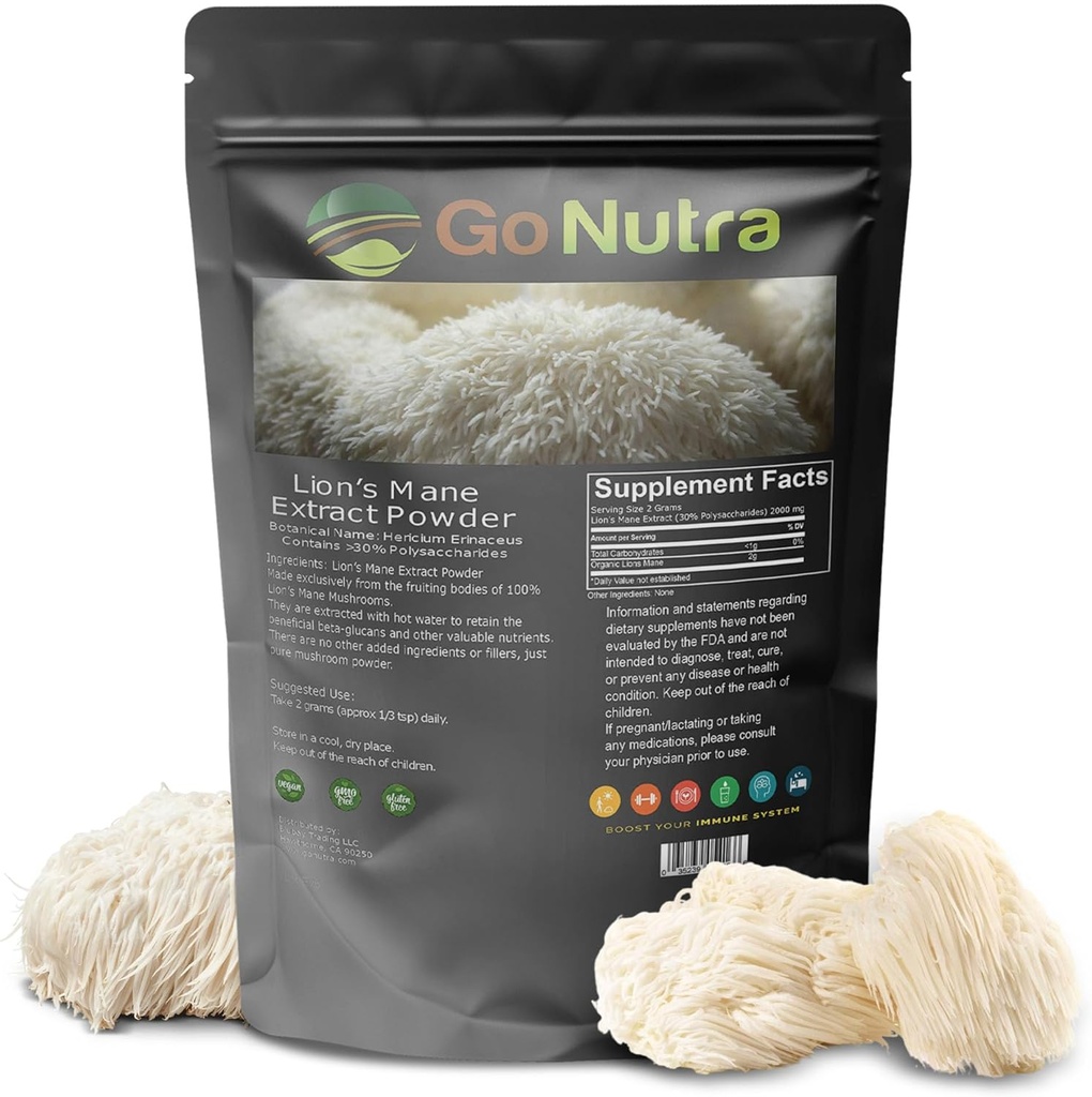Go Nutra - Lions Mane Powder, Potent 10: 1 Lions Mane Mushroom Powder med 30% Polysaccharides, Pure Lions Mane Extract for Tea, Juice, Water, and More, Non- GMO, Vegan, 4 oz