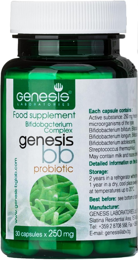 Genesis LABORATORIES Probiotisk tillæg med Bifidobacterium spp. 250 mg 30 Kapsler Immunstøtte Gut Health Probiotika til fordøjelsessygdomme Anti Bloating for mænd og kvinder Gut Gendannelse Probiotika