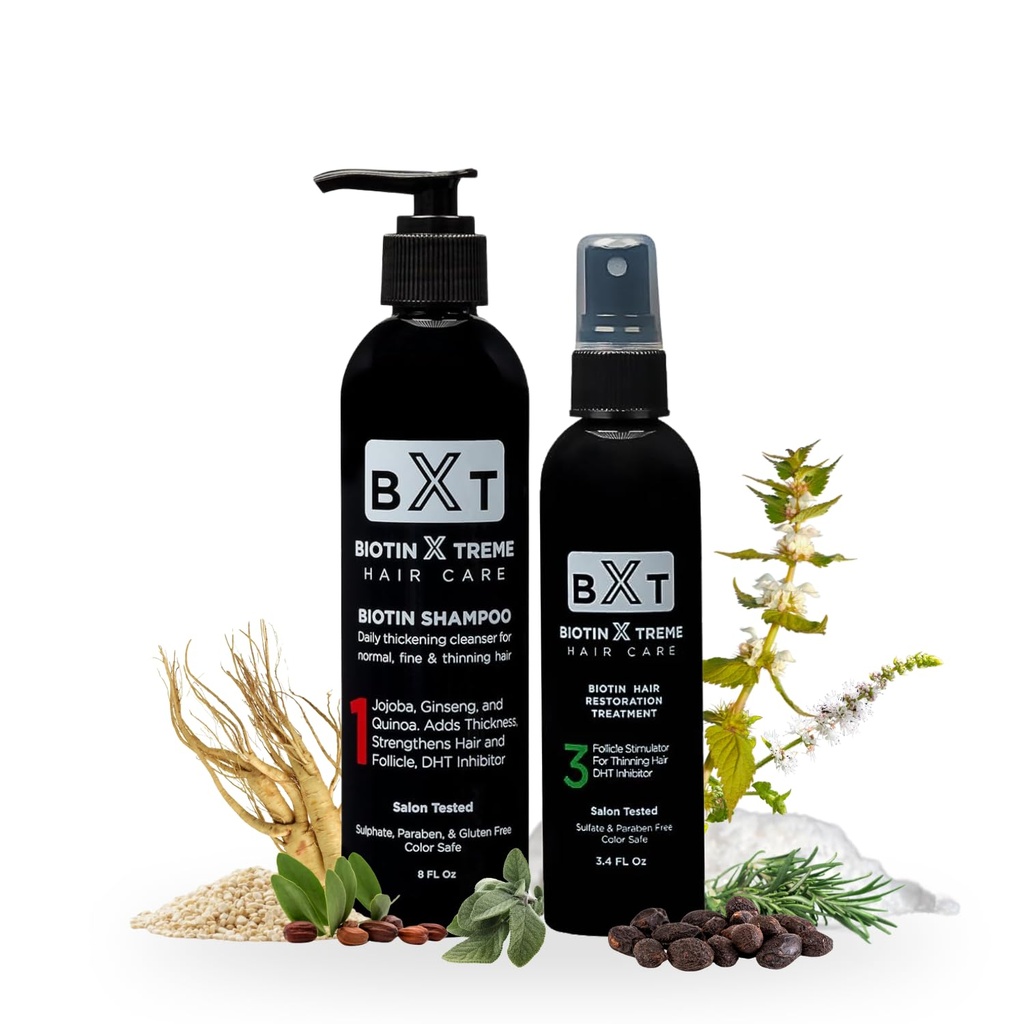 Biotin X Treme hårvækst Bundle: Natural Shampoo (8 oz) & Hår restaurering Spray - DHT Blocker, Follicle Stimulator, Color- Safe, Sulfate- Free, Paraben- Free for thinning Hår & Hårtab