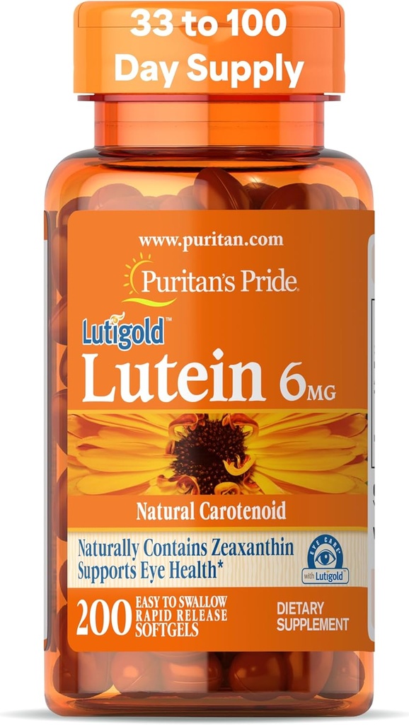 Puritan 's Pride Premium Lutigold ™ Lutein Carotenoid 6mg med Zeaxanthin til mænd og kvinder, Kosttilskud til øjensundhedsydelse, 200 Rapid Release Softels