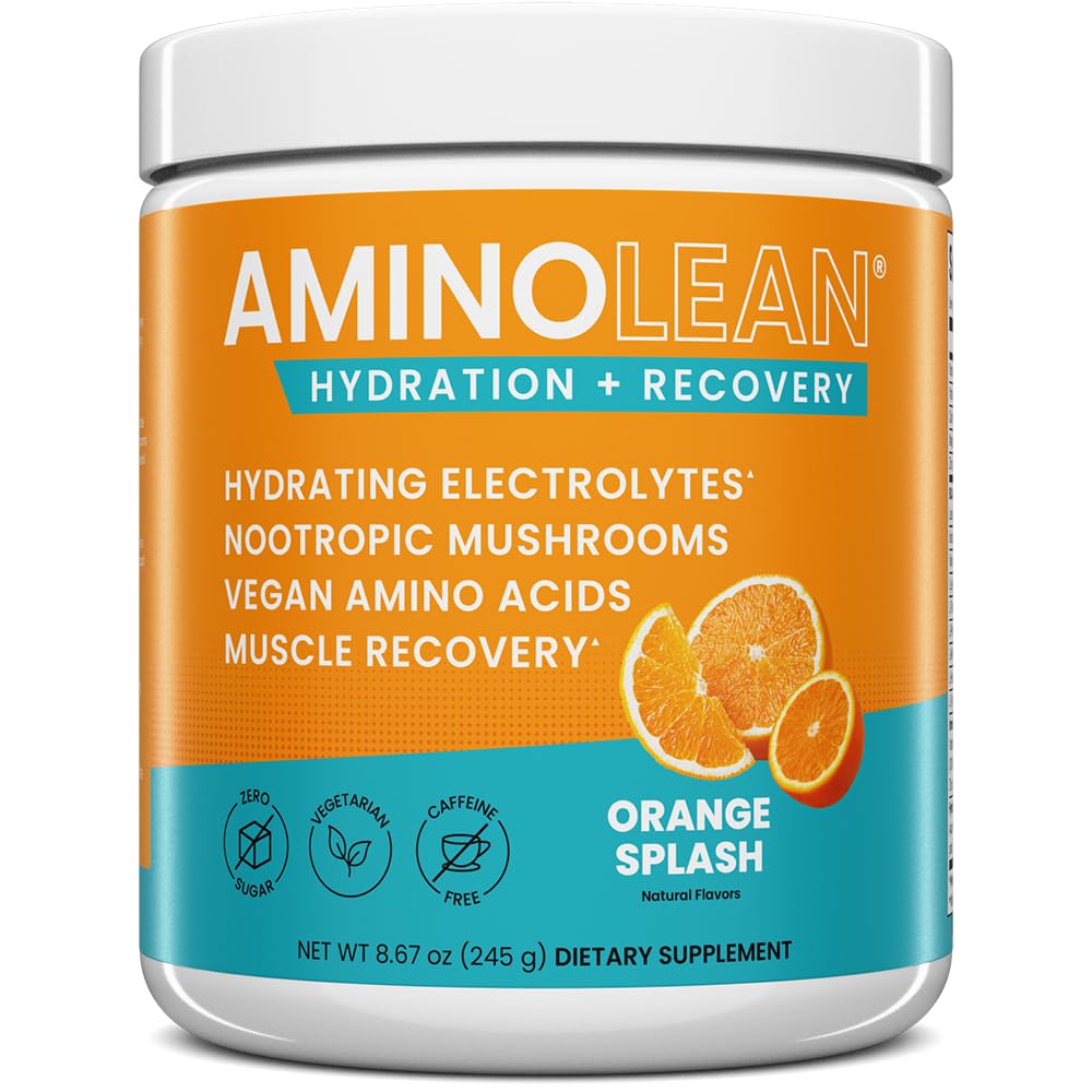 AminoLean Hydrating Electrolyte Powder and Recovery Drink with Sea Minerals, Nootrop Mushrooms, og Vegan Aminosyrer, BCAA + EAA 'er for Post Workout Muscle Building, Orange Splash