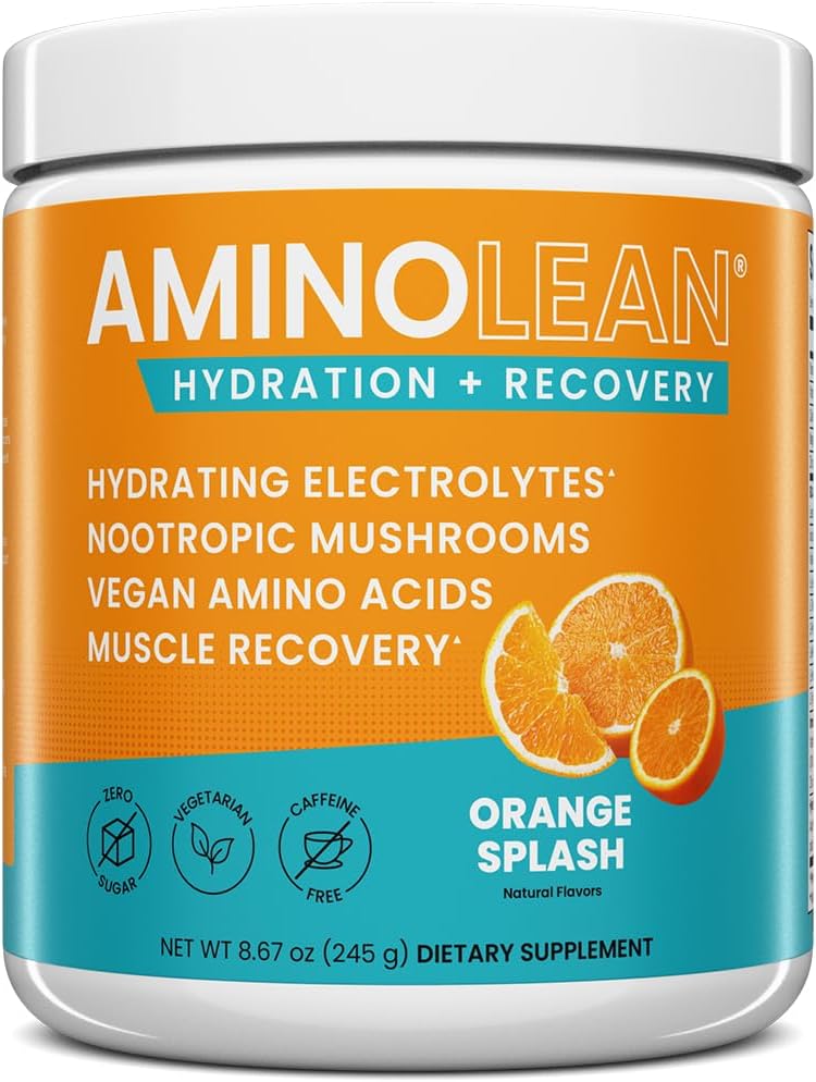 AminoLean Hydrating Electrolyte Powder and Recovery Drink with Sea Minerals, Nootrop Mushrooms, og Vegan Aminosyrer, BCAA + EAA 'er for Post Workout Muscle Building, Orange Splash