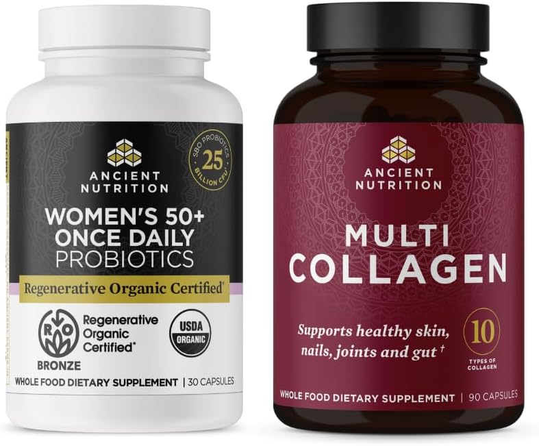 Ancient Nutrition Regenerative Organic Certified Women's 50+ Probiotics Capsules, 30 Count + Multi Collagen Capsules, 90 Count Servings