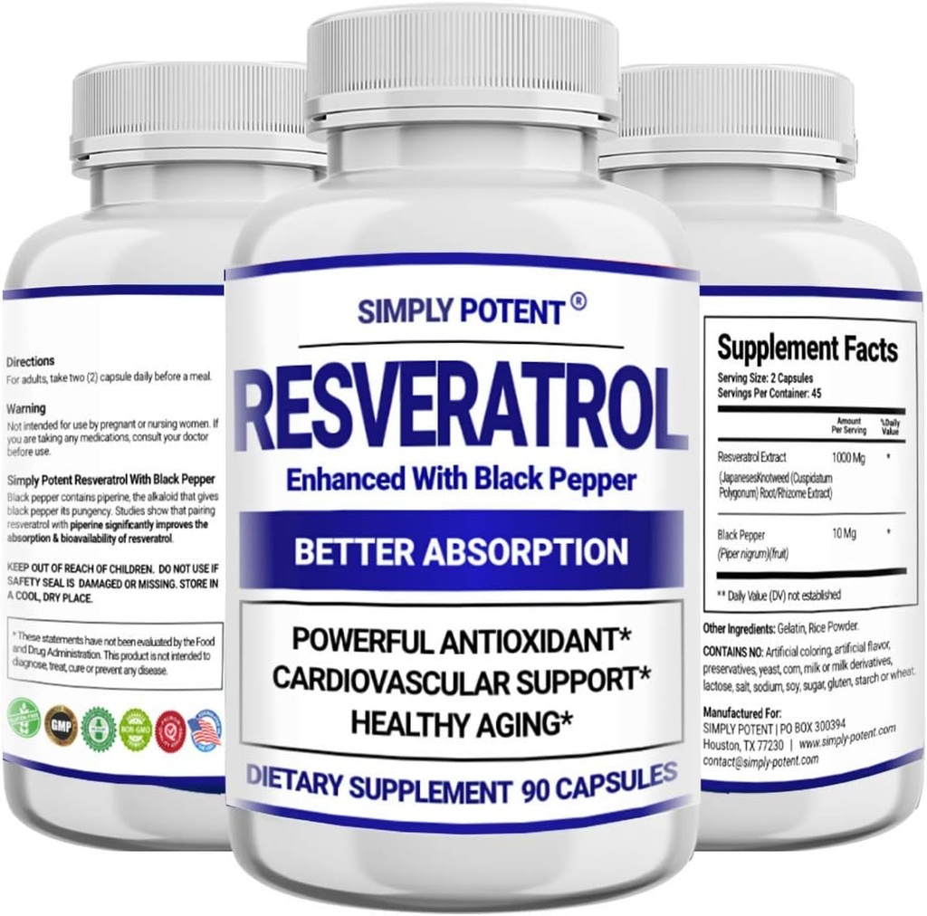 Resveratrol 1000mg Supplement, Trans Resveratrol 500mg, Resveratrol Forbedret med sort peber for Max Absorption, Kraftfuld Antioxidant & Anti- Aging piller til hjerte, immunforsvar og hud sundhed, 90 kapsler