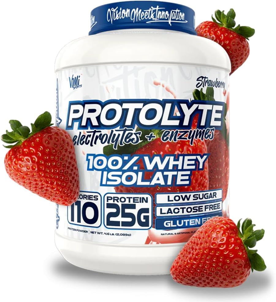 VMI Sports MSD 124; ProtoLyte Whey Isolere Protein Powder MSD 124; Lav kalorie Whey til vægttab og muskelgain MSD 124; fordøjelsesfremmende enzymer MSD 124; Non- GMO (4, 6 LB, Jordbær)
