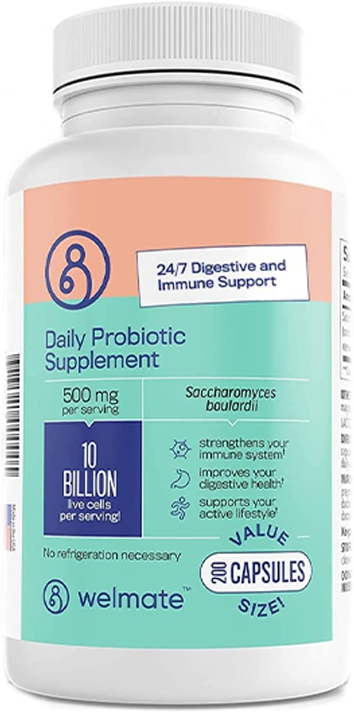 WELMATE Saccharomyces Boulardii | Daily Probiotic Supplement | 10 Billion CFU | Immune Support | Digestive Health | Vegan | Organic | Gluten Free | Non GMO | Men & Women | 200 Veggie Capsules
