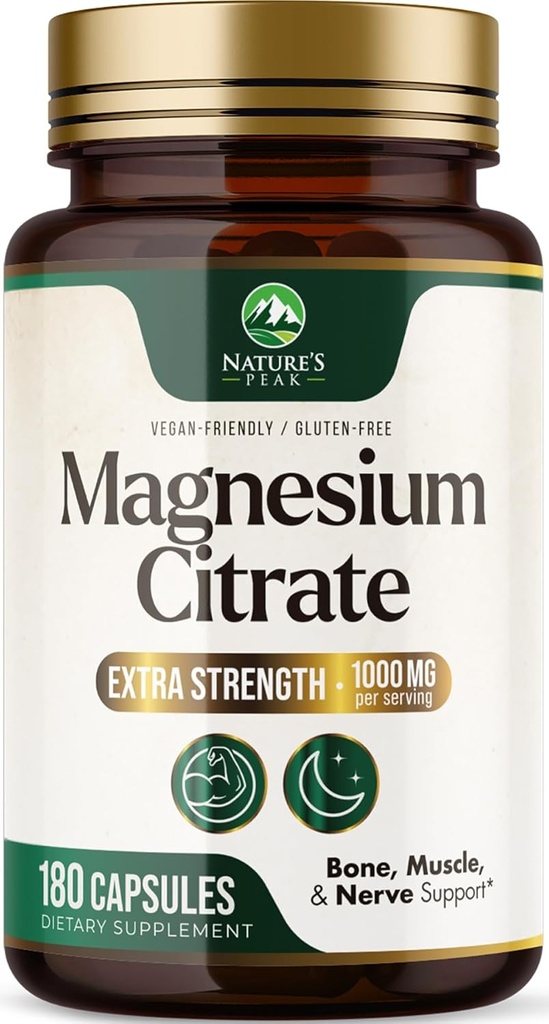 Magnesium Citrate 1000mg - Høj Absorption Magnesiumtillæg understøtter muskel, ben, nerve & hjerte sundhed - Ekstra styrke Magnesio Complex piller - Non-GMO, Premium Energy Formel - 180 kapsler