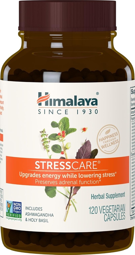 Himalaya StressCare, 30 dages forsyning - Herbal Adrenal Support til Calming Afslapning, Stress Relief, energistøtte og lejlighedsvis søvnløshed - Vegan, Non- GMO, Gluten Free, 120 kapsler