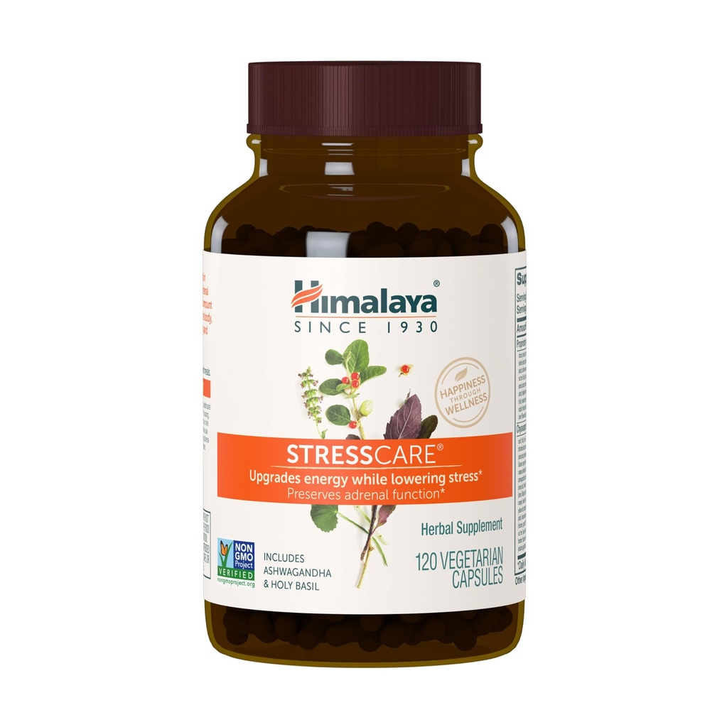Himalaya StressCare, 30 dages forsyning - Herbal Adrenal Support til Calming Afslapning, Stress Relief, energistøtte og lejlighedsvis søvnløshed - Vegan, Non- GMO, Gluten Free, 120 kapsler