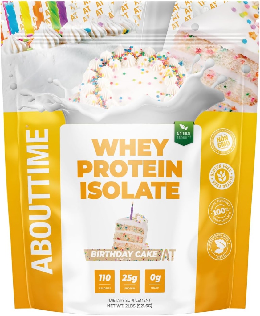 Om tid Whey Protein Isolate Powder 25g Fødselsdagskage, Naturlige ingredienser, Non- GMO, Gluten- Free, Lactose- Free, Zero Sugar, Low Carb, 32 Serveringer