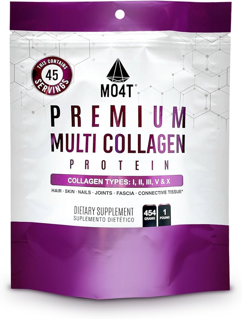 MO4T Hydrolyzed Multi Collagen Powder -Collagen Protein- Collagen Peptides- Type 1,2,3,5,10 - Sukkerfri, (1 Pound) Hår, Hud & Nail, Paleo & Keto, Non- GMO