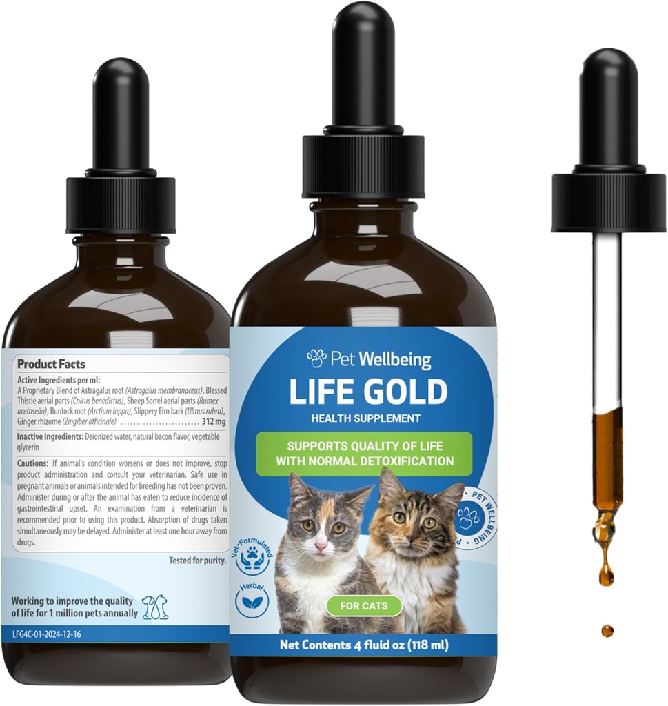 Pet Wellbeing Life Gold for Cats - Supports Detoxification, Immune System Health, Antioxidants - Vet-Formulated Herbal Supplement – 4 oz (118 ml)