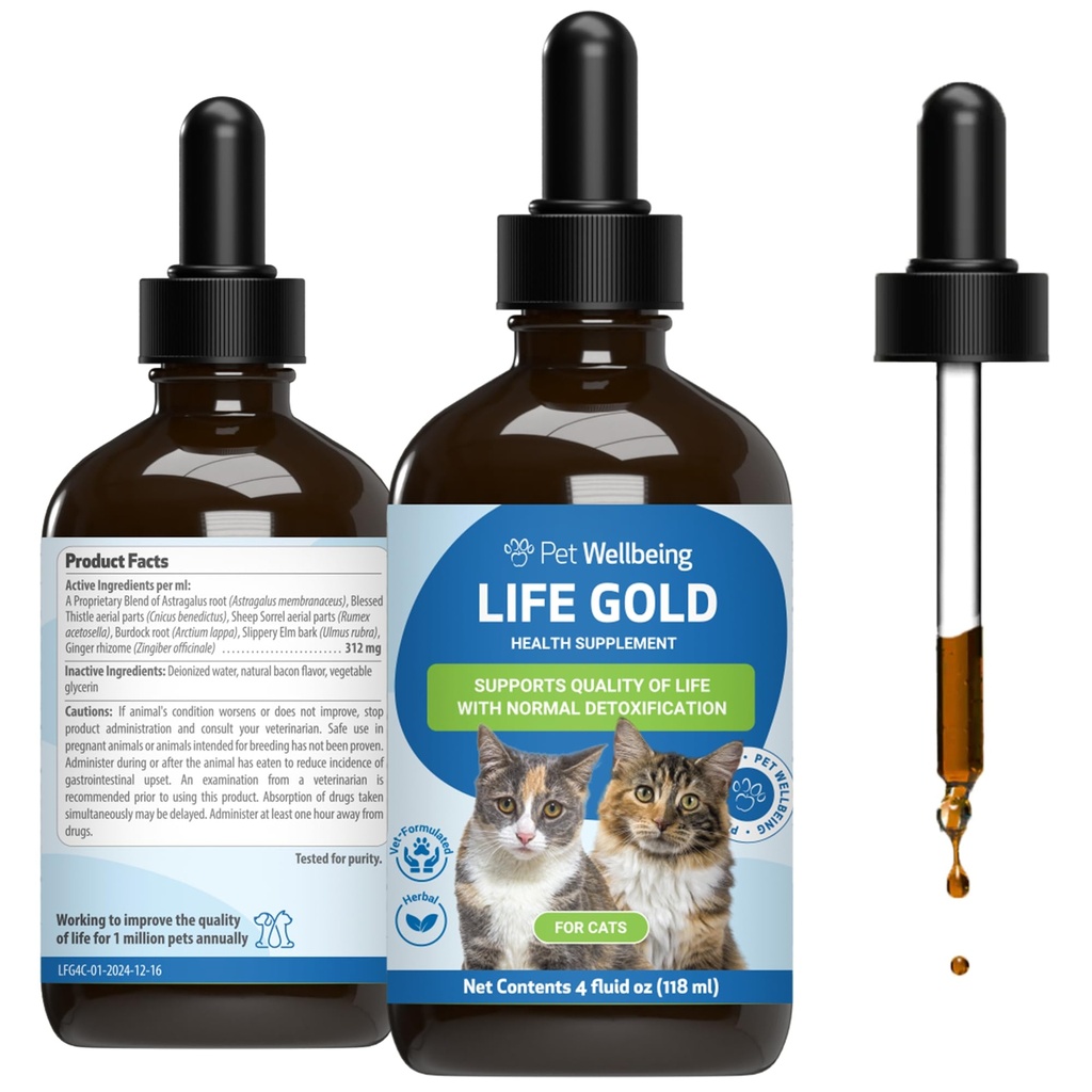 Pet Wellbeing Life Gold for Cats - Understøtter afgiftning, immunsystem sundhed, antioxidanter - Vet- Formuleret herbal supplement - 4 oz (118 ml)