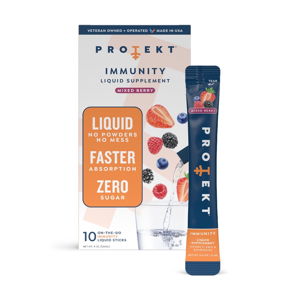 PROTEKT Liquid Immunitet Support - flydende drik mix, Immunitet supplement, immunboostere til voksne, sukkerfri med C-vitamin og Zink Immunitet Support - blandet berry 10ct