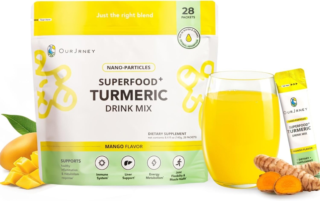 Nano gurkemeje drik pulver, Golden Juice for Wellness & Immunity, ingen gurkemeje smag, Tilføj til smoothies / vand daglige morgen Routin- 35X Absorption- Mango Flavor- fælles supportsupplement