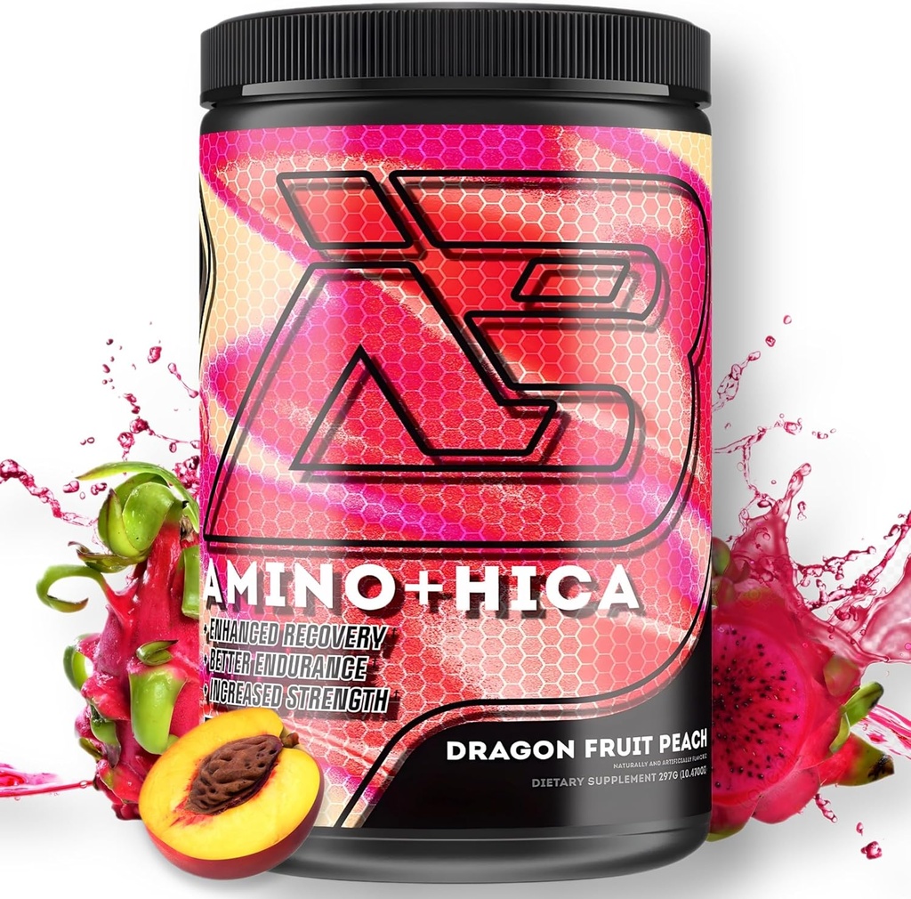 Amino + HICA EAA Supplemented 124; Forbedret inddrivelse, bedre udholdenhed, øget styrke, energi, Hydration Mead124; Bcaa, Elektrolytes, Leucin, Powder, 30 Servere (Dragon Fruit Peach)