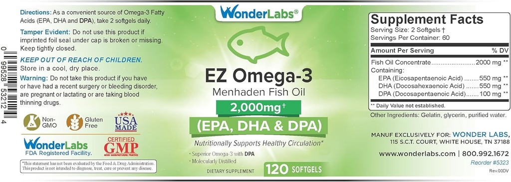 EZ Omega-3 Atlantic Menhaden Fish Oil Supplement 2000 mg, Burpless, Made in The USA, Perfect Balance of EPA + DHA + DPA 120 Softgels