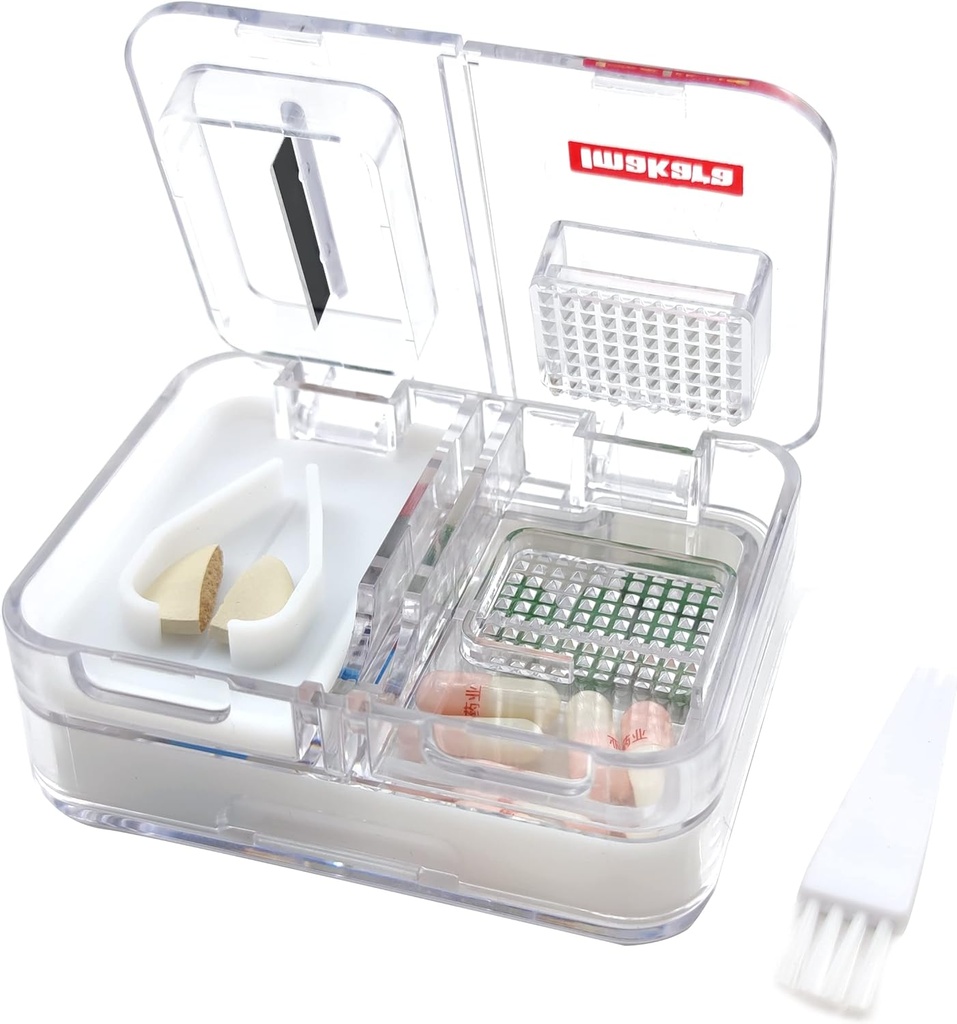 Travel Pill Box Medicine, Supplements, Vitamin Pill Organizer Daily Use Pill Case with Pill Cutter Pill Crusher and Grinder (White)