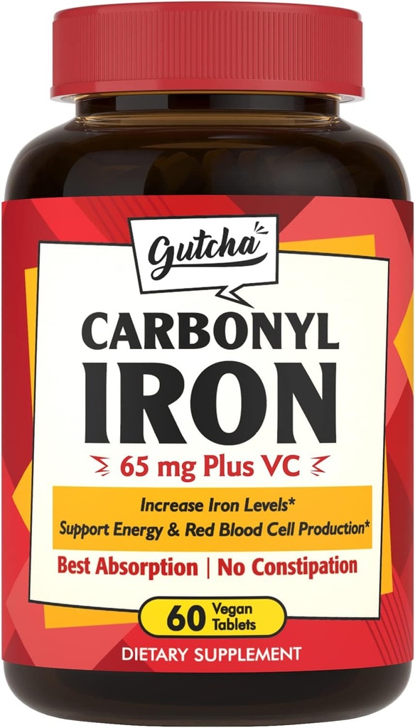 Jern supplement, 65 mg Carbonyl Iron Plus C-vitamin, energi & blodtilskud til kvinder & mænd, bedre Absorption, genert på Maven, ingen kvalme, ingen obstipation, Vegan, non-GMO, 60 Ct