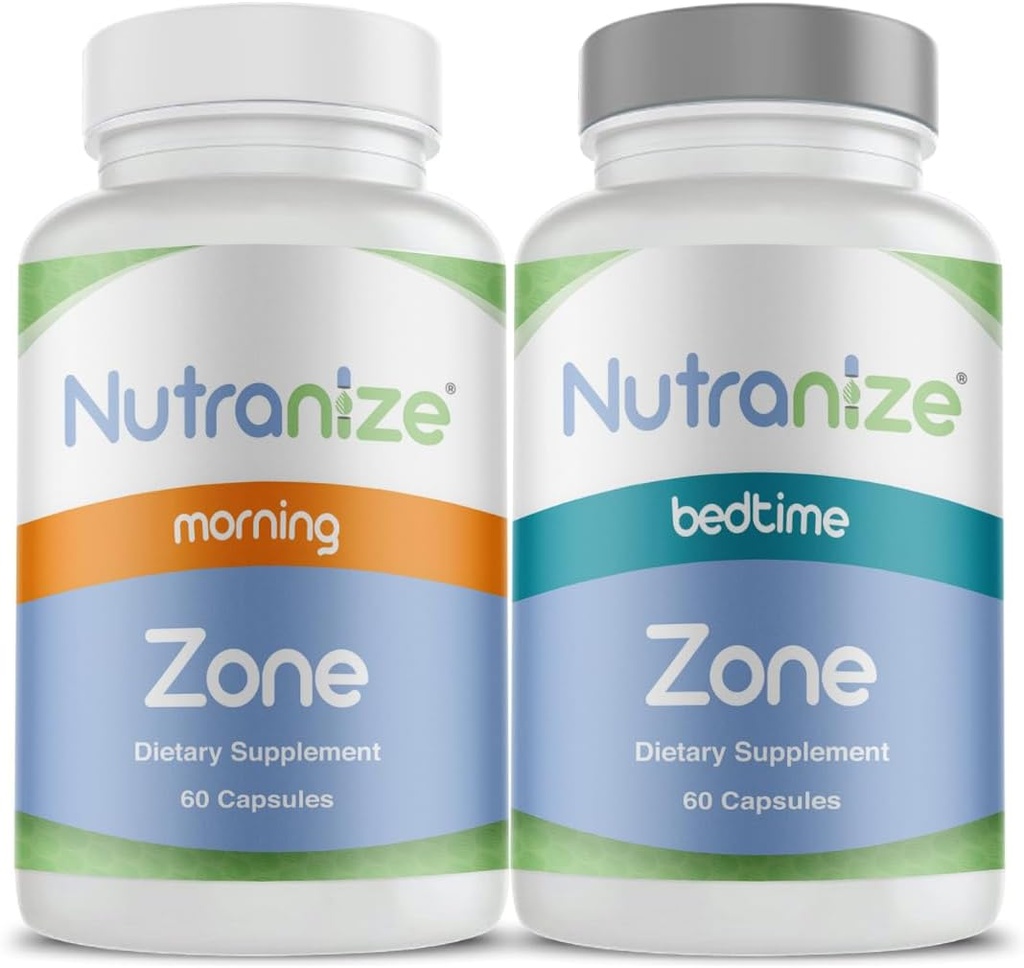Nutranize Zone Twin- Pack Supplement System - Pharmarist- Designet morgen & sengetid Kapsler med Magnesium Glycinate, Vitamin D3, K2 MK7, Methylfolat, Chrom, Melatonin - 30 dages forsyning (120 Tæl)
