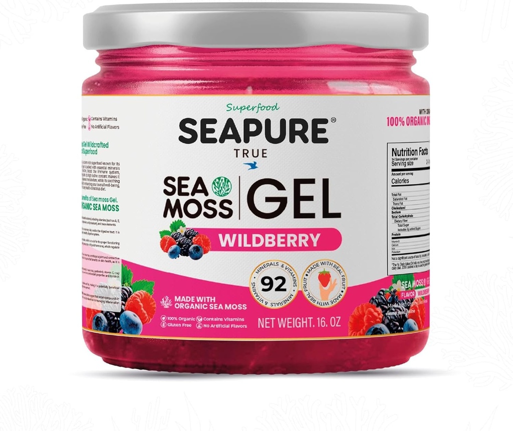 Wildcrafted Irish Natural Superfood Sea Moss Gel, 100% Organic, Gluten Free, Rich in Minerals -Wildberry, 16 oz, Made in USA