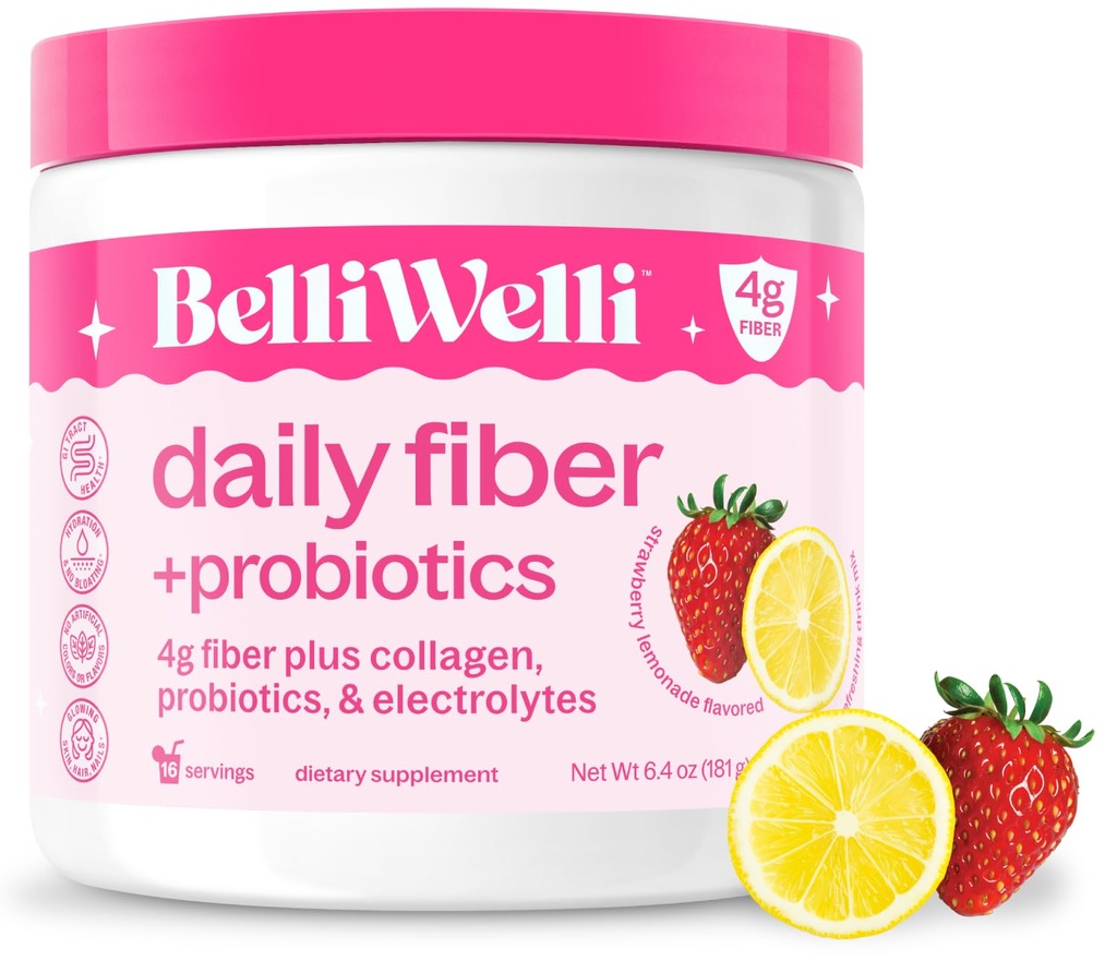 Belli Welli Fiber supplement til kvinder & mænd, Premium Daily Fiber Powder fra Organic Acacia med Tilføjet Collagen, Electrolytes & Probiotika, Ingen Bloat, Forstoppelse & Gut Health Support (Strawberry Lemonade)