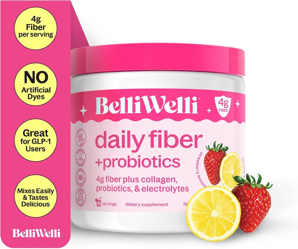 Belli Welli Fiber supplement til kvinder & mænd, Premium Daily Fiber Powder fra Organic Acacia med Tilføjet Collagen, Electrolytes & Probiotika, Ingen Bloat, Forstoppelse & Gut Health Support (Strawberry Lemonade)