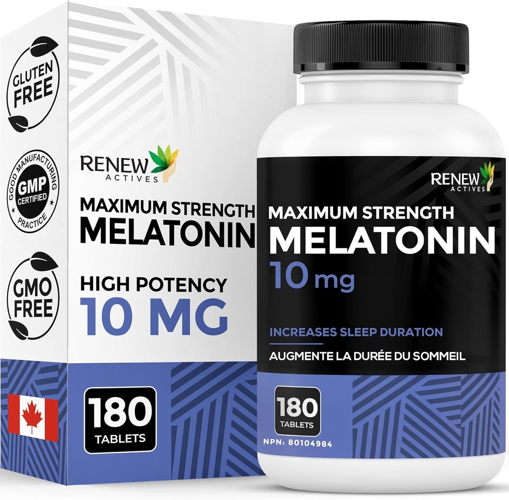 Renew Actives Melatonin 10mg per servering - fremmer en dybere, Længere & Ideel til dvalestyring, Jet Lag & at nulstille din dvalecyklus - Made in Canada - 180 tabletter