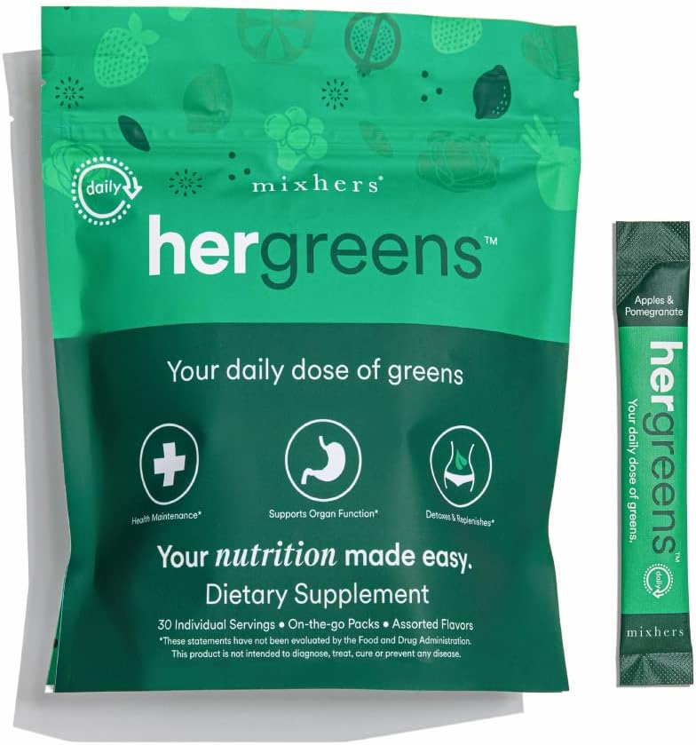 MIXHERS Hergreens - Green & Veggie Powder - Lavet af hele fødevarer - med fordøjelige enzymer & Kale - Nutrition designet til kvinder - Support Heart & Lever - 15 drik pakker - Pink Grapefrugt