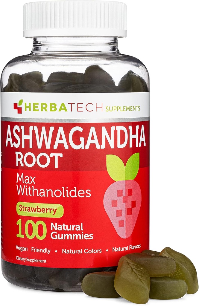 Ashwagandha Gumies for mænd og kvinder - Stærkeste 1,500mg Formel (100 Gummies) 3% Withanolides Cortisol Blocker for Relief, Calming, og Afslapning fra Herbatech kosttilskud