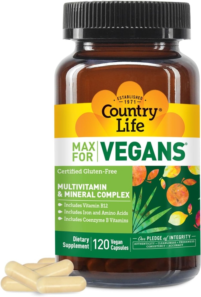 Country Life Max for Vegans - 120 Veganske kapsler - Daglige Multivitaminer - Immun Support - Indeholder vitamin B12, Jern, Aminosyrer, Coenzym B Vitamin - Glutenfri