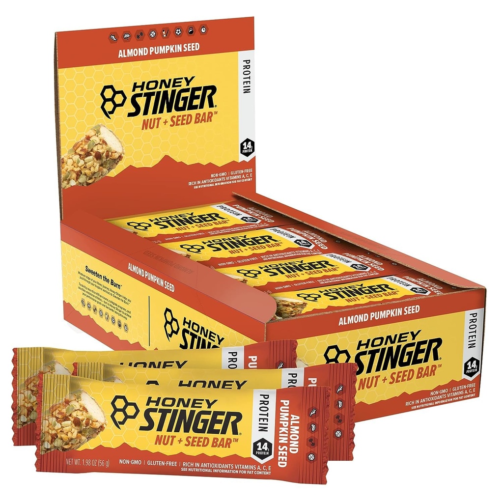 Honning Stinger Nut + Seed Bar, Mandel Pumpkin Seed, Protein Packed Food for Motion, Endurance, Performance and Recovery, Sport Nutrition Snack Bar til hjemmet & Gym, Post Workout, Box af 12