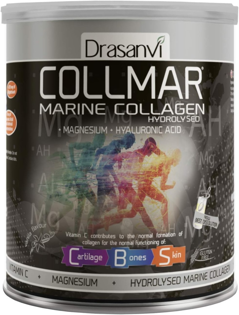 Drasanvi Collmar Hydrolyzed Marine Collagen med Magnesium pulver 300g / 10.58ounce / Vanilla Flavor - for en sund hudbrusk og knogler - Hjælper Minimize Træthed og Træthed